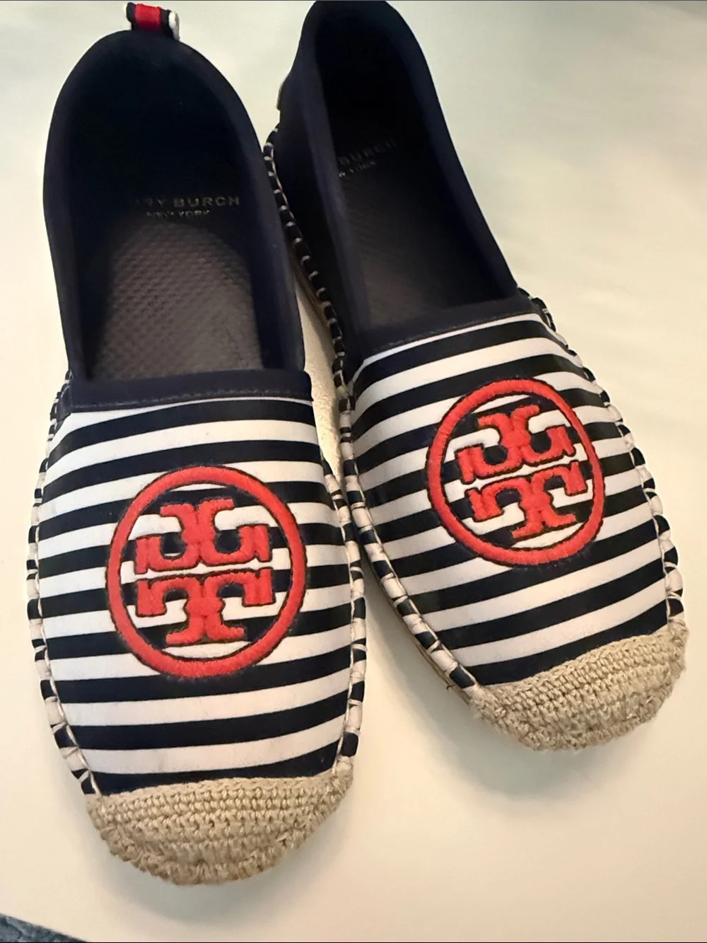 Tory Burch Boat Shoes - Navy and White Striped Espadrilles with Red Logo